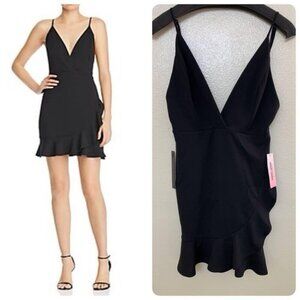 Sunset + Spring Bloomingdale Ruffled LBD Mini Dress Small Black Plunging V Neck